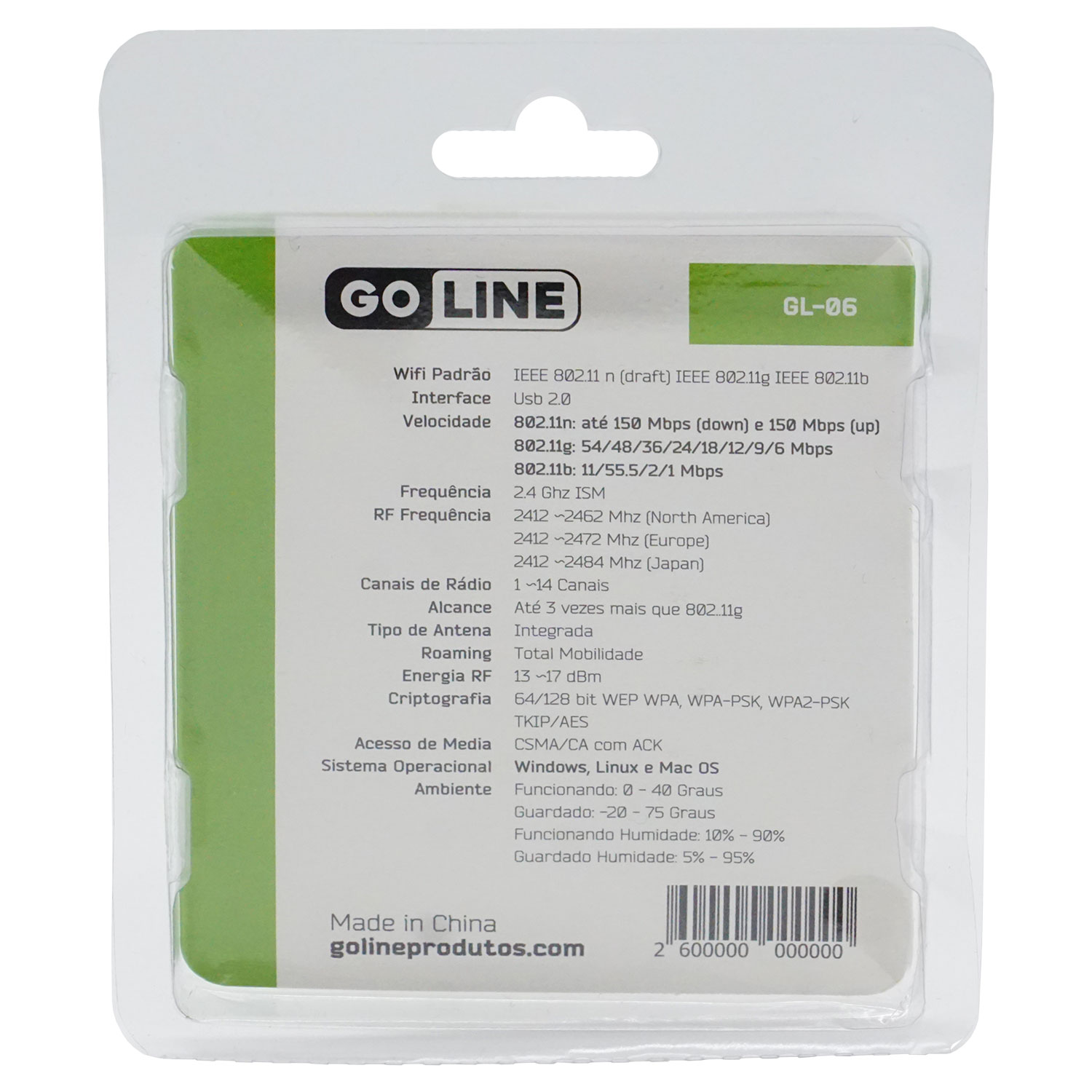Adaptador WiFi GoLine GL-06 / 150MBps / Micro USB / Sem Antena - Preto