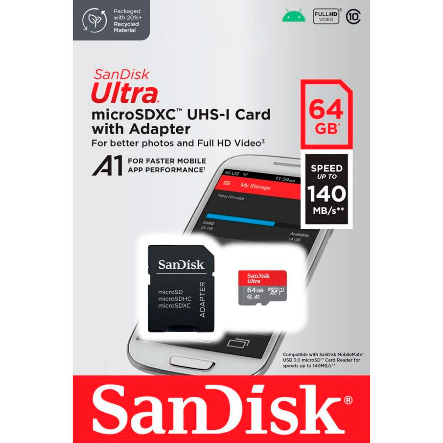 Cartão de Memória Micro SD Sandisk 64GB / C10 / 140MBS / 2X1 - (SDSQUAB-64G-GN6MA)