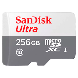 Cartão de Memória Micro SD Sandisk Ultra 256GB / C10 / 100MBS / 2X1 - (SDSQUNR-256-GN6TA)