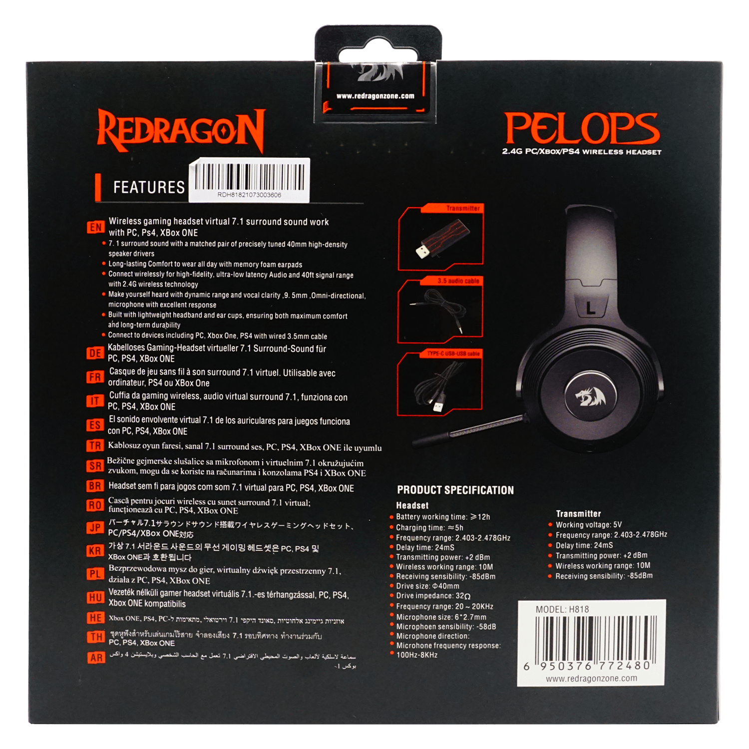 Headset Gamer Redragon Pelops H818 Wireless / 2.4GHZ / com Transmissor USB- Preto e Vermelho