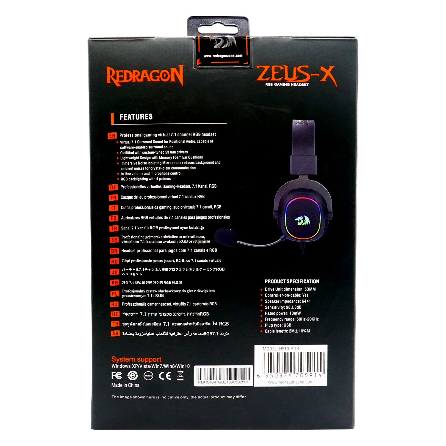 Headset Gamer Redragon Zeus X H510-RGB / 7.1 Surround / RGB - Preto