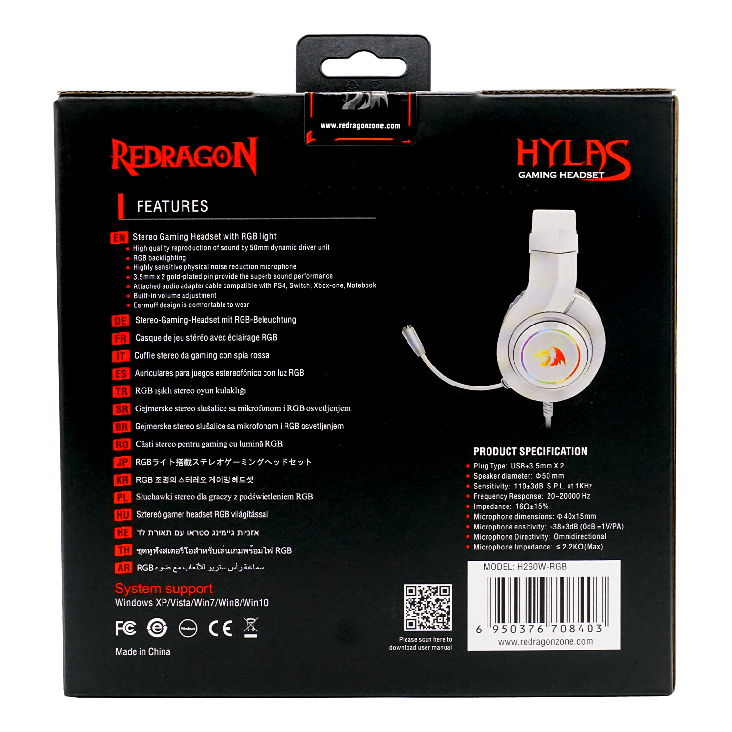 Headset Gamer Redragon H260W-RGB Hylas / Drivers 50mm / P2 / USB / Adaptador 3.5mm - Branco