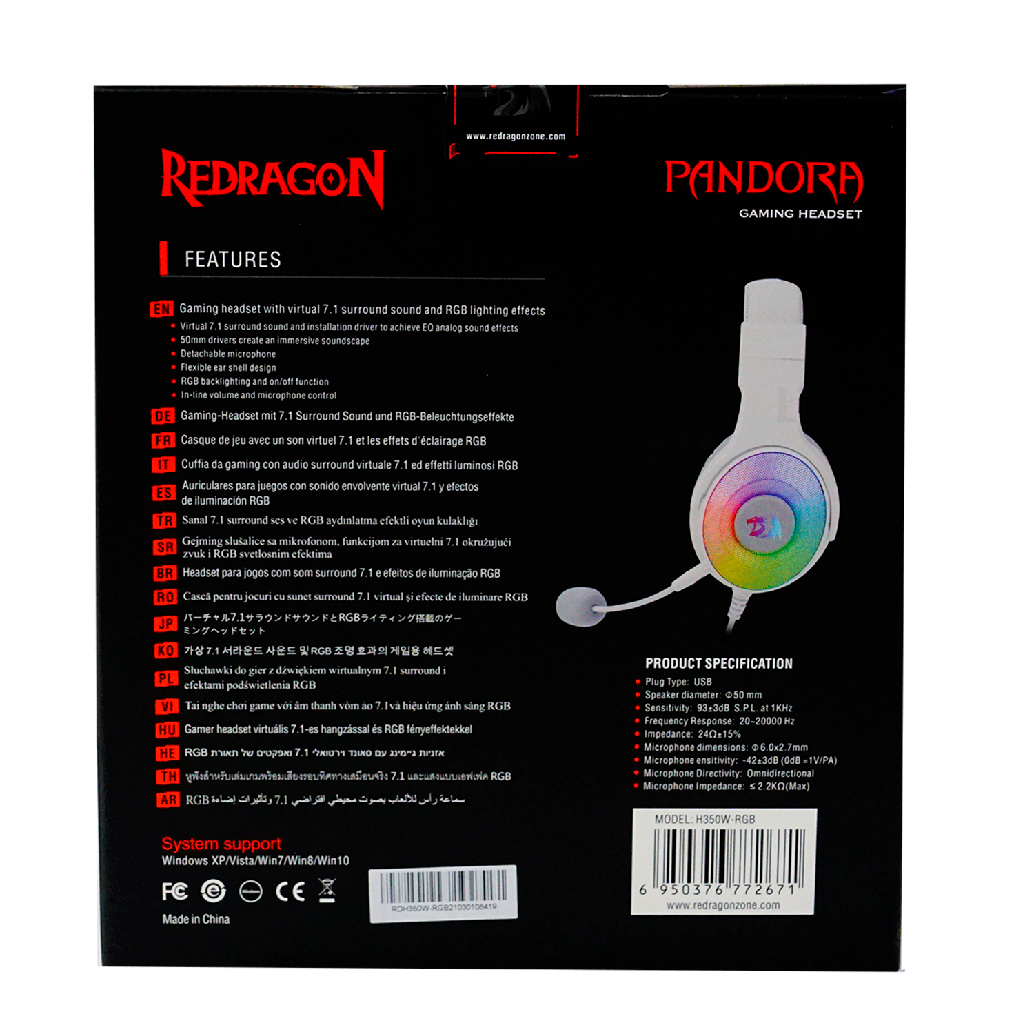 Headset Gamer Redragon Pandora H350W-RGB / 7.1 Surround / USB - Branco